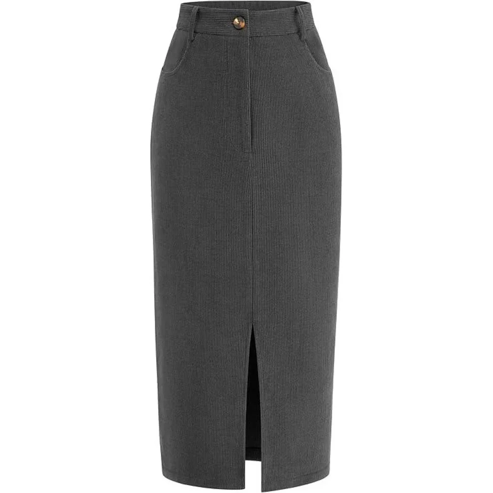 PrettyGarden Womens Corduroy Midi‎ Skirt Grey Chenille Pencil Slit Size 16 NWT